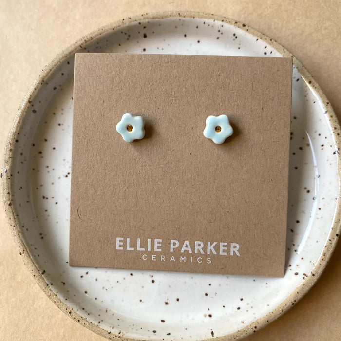 Sky Blue Ceramic Flower Gold Accent Stud Earring